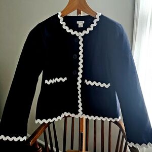 J Crew Navy Linen Cropped Blazer with White Ric Rac Accents Sz 12
